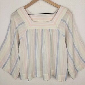 Gap Womens Pastel Stripe Linen Blend Square Neck Blouse M 3/4 Sleeve Coastal